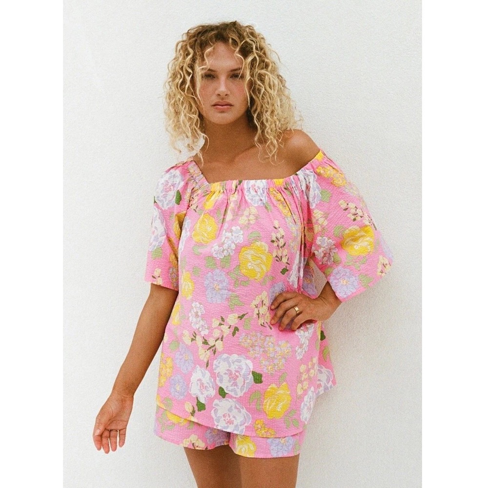 SABO Sailor Top & Short Set Sz 4 Corsage Print Seersucker Textured Fabric Resort